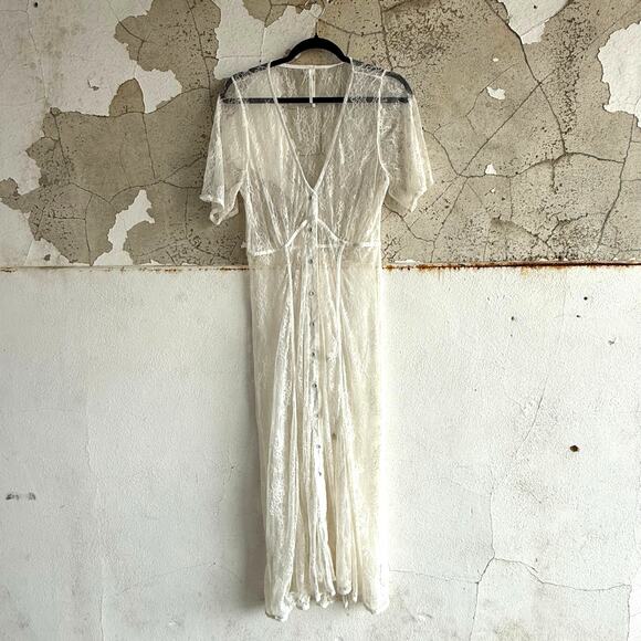 Anthropologie Sheer Lace Maxi Dress Buttondown Ivory Duster Boho Lingerie Medium - Picture 1 of 8